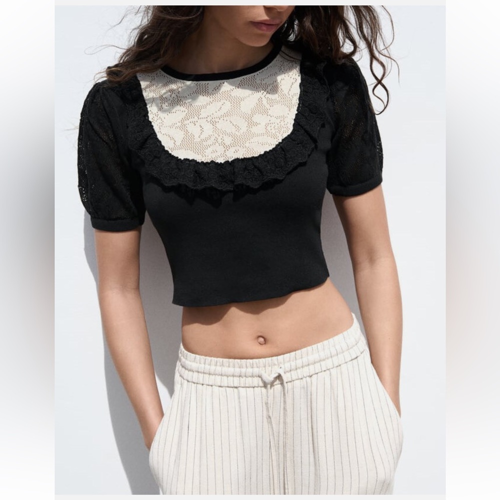 Zara Black Ecru Lace Trim Pointelle Knit Sweater Short Sleeves Size M